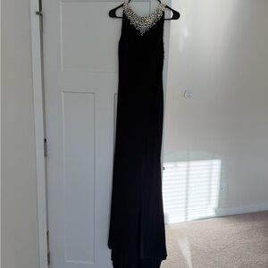 Mac Duggal Black Maxi Dress with Pearl and Crystal Collar